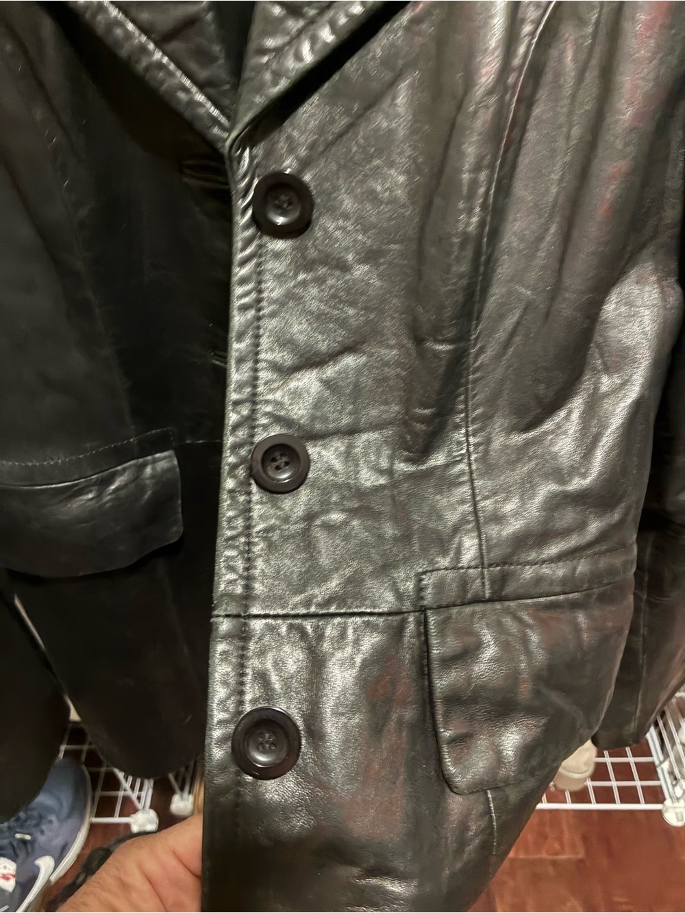 bebe Men's Black Leather Pea Coat with Button Front